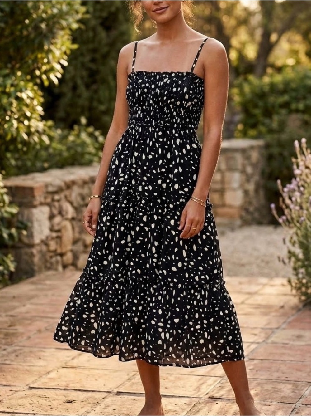 SHEIN Black Midi Dress with White Dot Print - Picture 1 of 4
